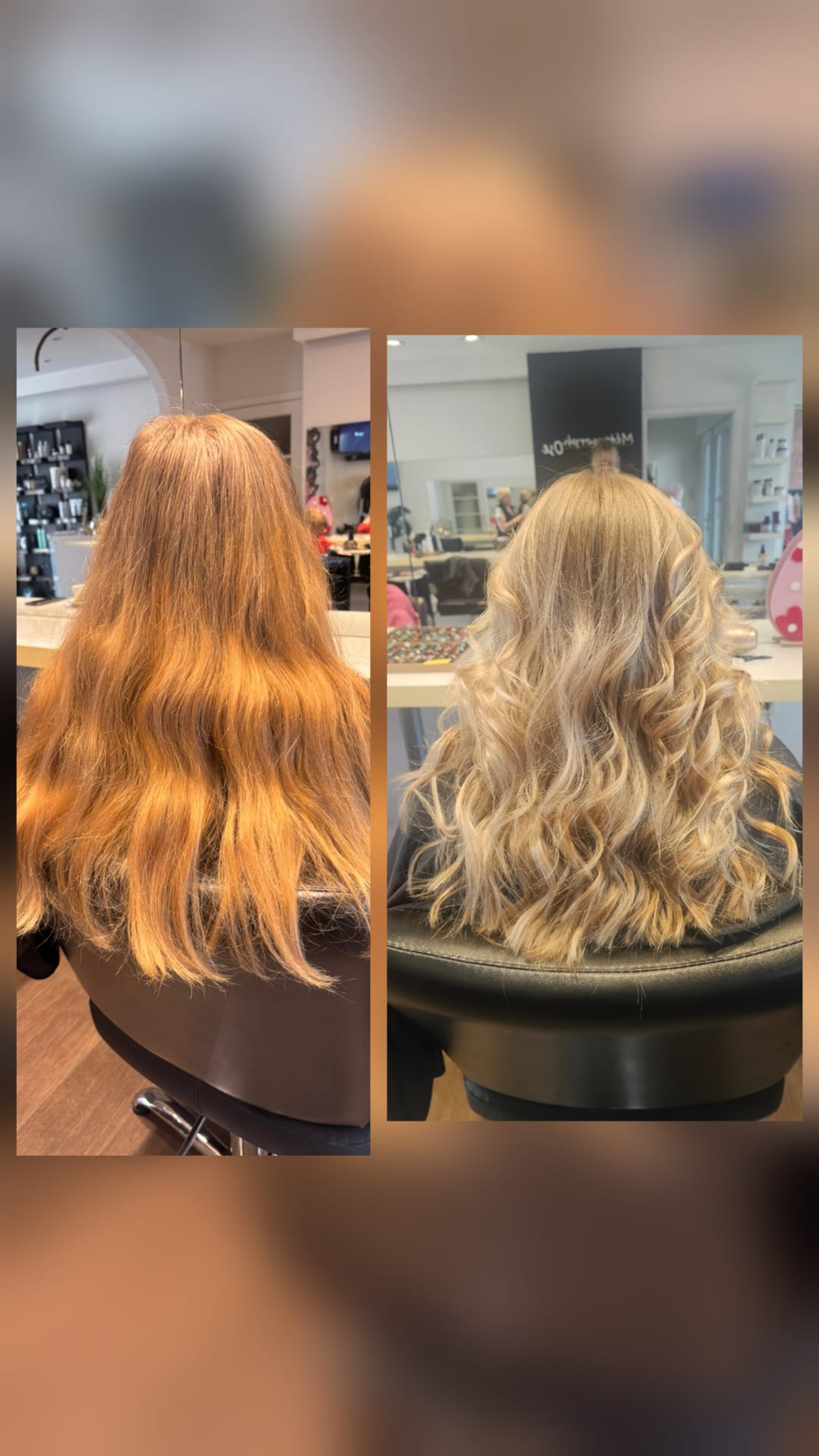 Avant-après : transformation d'un cuivré vers un blond lumineux